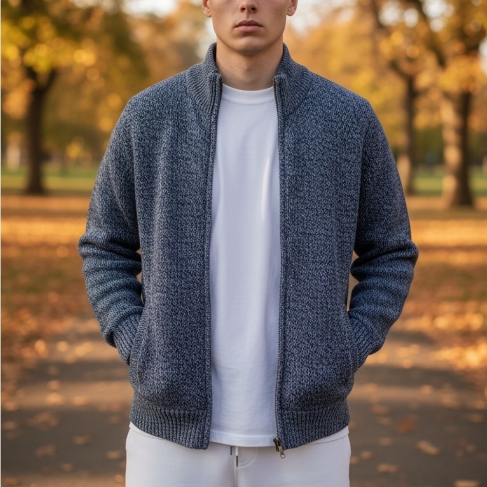 L.L. Bean Lambswool Androgynous Heather Blue Zip Chunky Knit Mock Neck Jacket